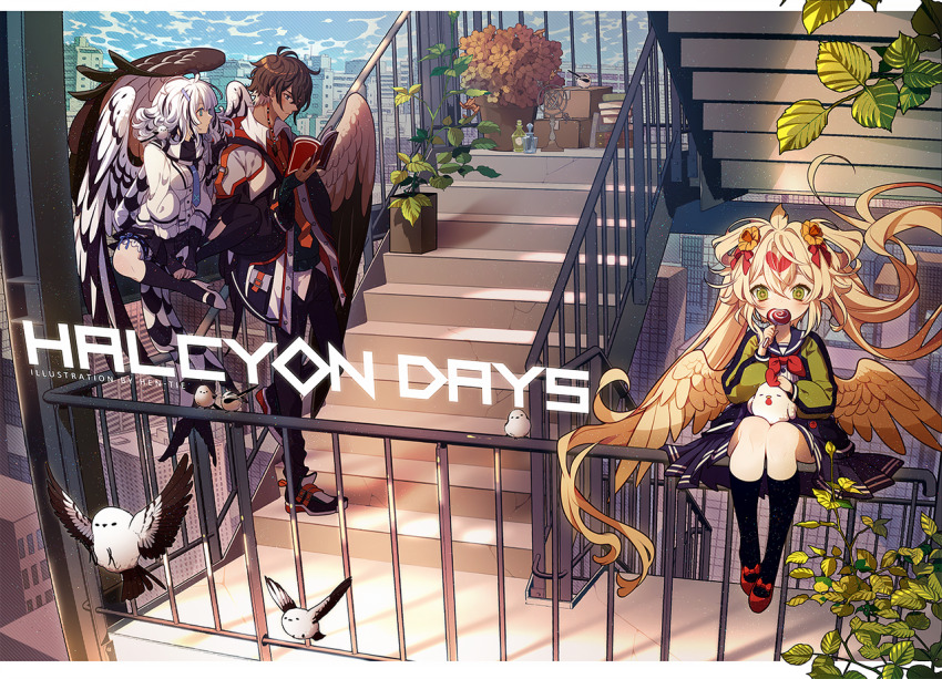 +_+, 1boy, 2girls, ahoge, animal, animal_on_lap, animal_on_shoulder, artist_name