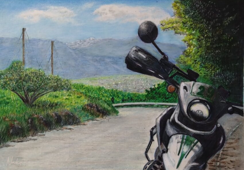 blue_sky, bush, cloud, cloudy_sky, colored_pencil_(medium), highres, motor_vehicle, motorcycle