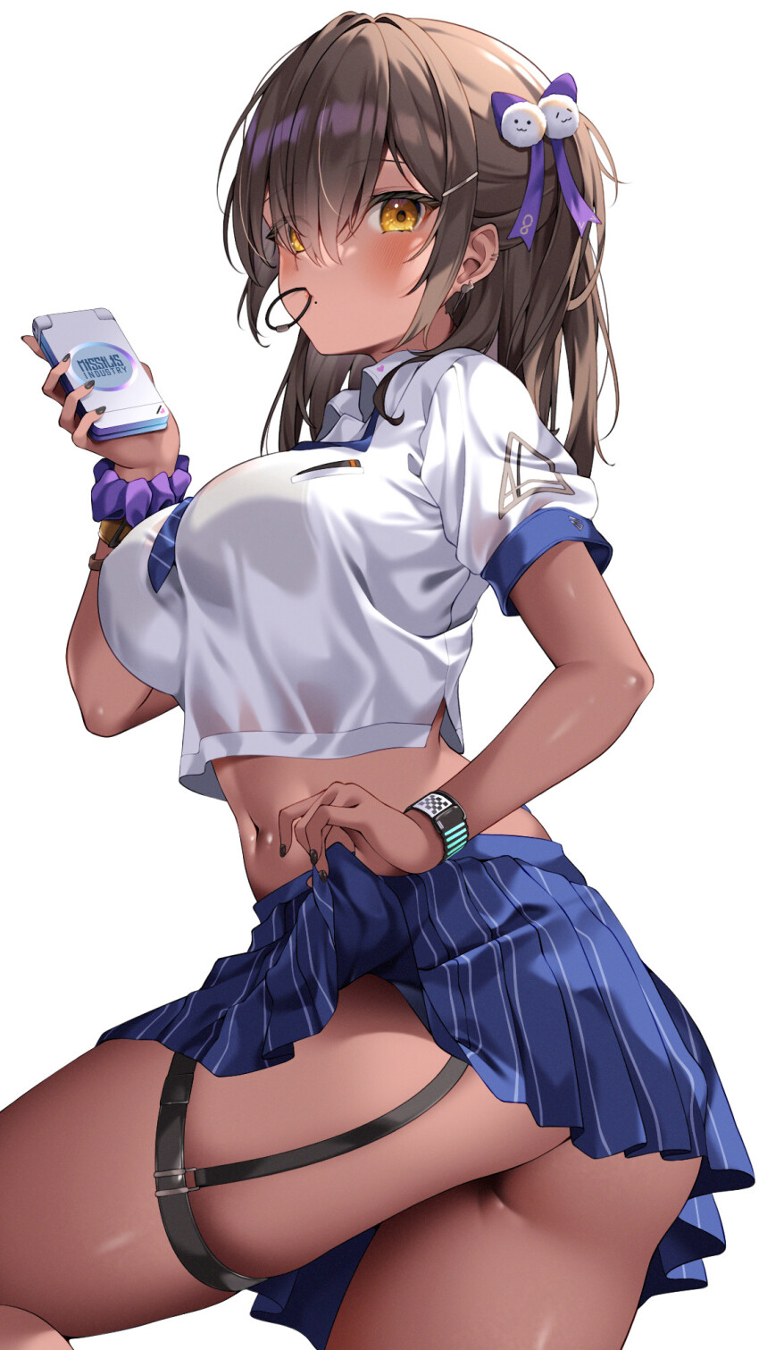 1girl, @shun, ass, black_nails, blue_necktie, blue_skirt, blush, bra_visible_through_clothes, breasts, brown_hair, cellphone, closed_mouth, clothes_lift, collared_shirt, commentary, cropped_shirt, dark-skinned_female, dark_skin, diagonal-striped_clothes, diagonal-striped_necktie, eyes_visible_through_hair, feet_out_of_frame, from_side, garter_straps, goddess_of_victory:_nikke, hair_between_eyes, hair_ornament, hair_ribbon, hair_tie_in_mouth, highres, holding, holding_phone, large_breasts, lifting_own_clothes, looking_at_viewer, medium_hair, midriff, miniskirt, mole, mole_under_mouth, mouth_hold, naga_(nikke), nail_polish, navel, necktie, parted_lips, phone, pleated_skirt, purple_ribbon, ribbon, school_uniform, scrunchie, see-through_clothes, see-through_shirt, shirt, short_sleeves, simple_background, skirt, skirt_lift, smartphone, smartwatch, solo, standing, striped_clothes, thigh_strap, watch, white_background, white_shirt, wing_collar, wrist_scrunchie, wristband, wristwatch, yellow_eyes