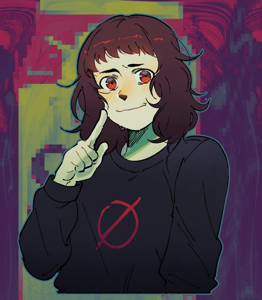 1girl, abstract_background, absurdres, arm_at_side, black_shirt, blush, brown_hair, closed_mouth