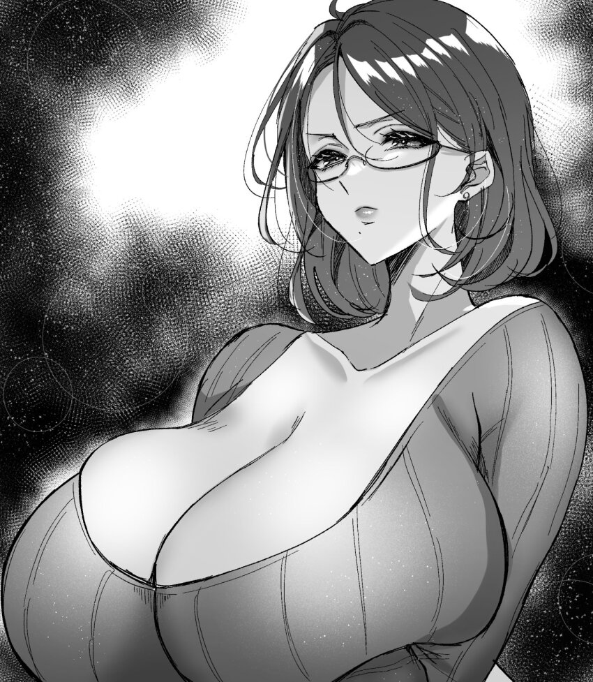 1girl, aizawa_chihiro, breasts, cleavage, closed_mouth, collarbone, earrings, frown