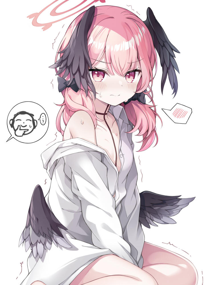 1boy, 1girl, black_ribbon, black_wings, blue_archive, blush, buttons, closed_mouth