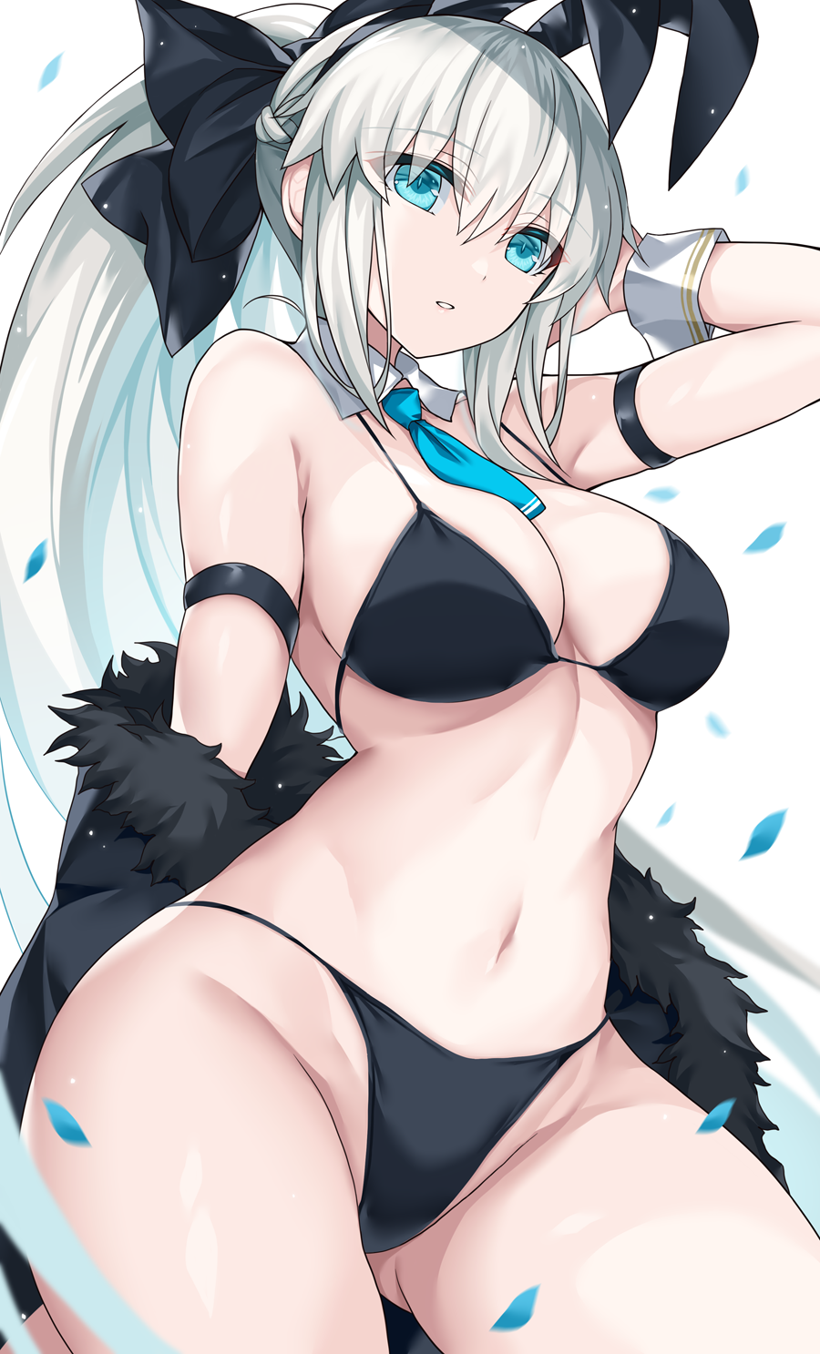 1girl, alternate_costume, animal_ears, arm_strap, bare_shoulders, bikini, black_bikini, black_hairband