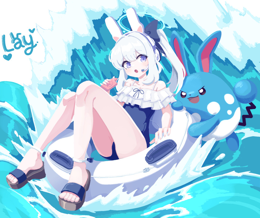1girl, azumarill, black_bow, blue_archive, blue_eyes, blue_one-piece_swimsuit, bow, cellphone, commission, crossover, gen_2_pokemon, halo, headset, highres, holding, holding_phone, innertube, long_hair, miyako_(blue_archive), nintendo, one-piece_swimsuit, open_mouth, phone, pokemon, pokemon_(creature), ponytail, smartphone, swim_ring, swimsuit, ttrtag, waves, white_hair