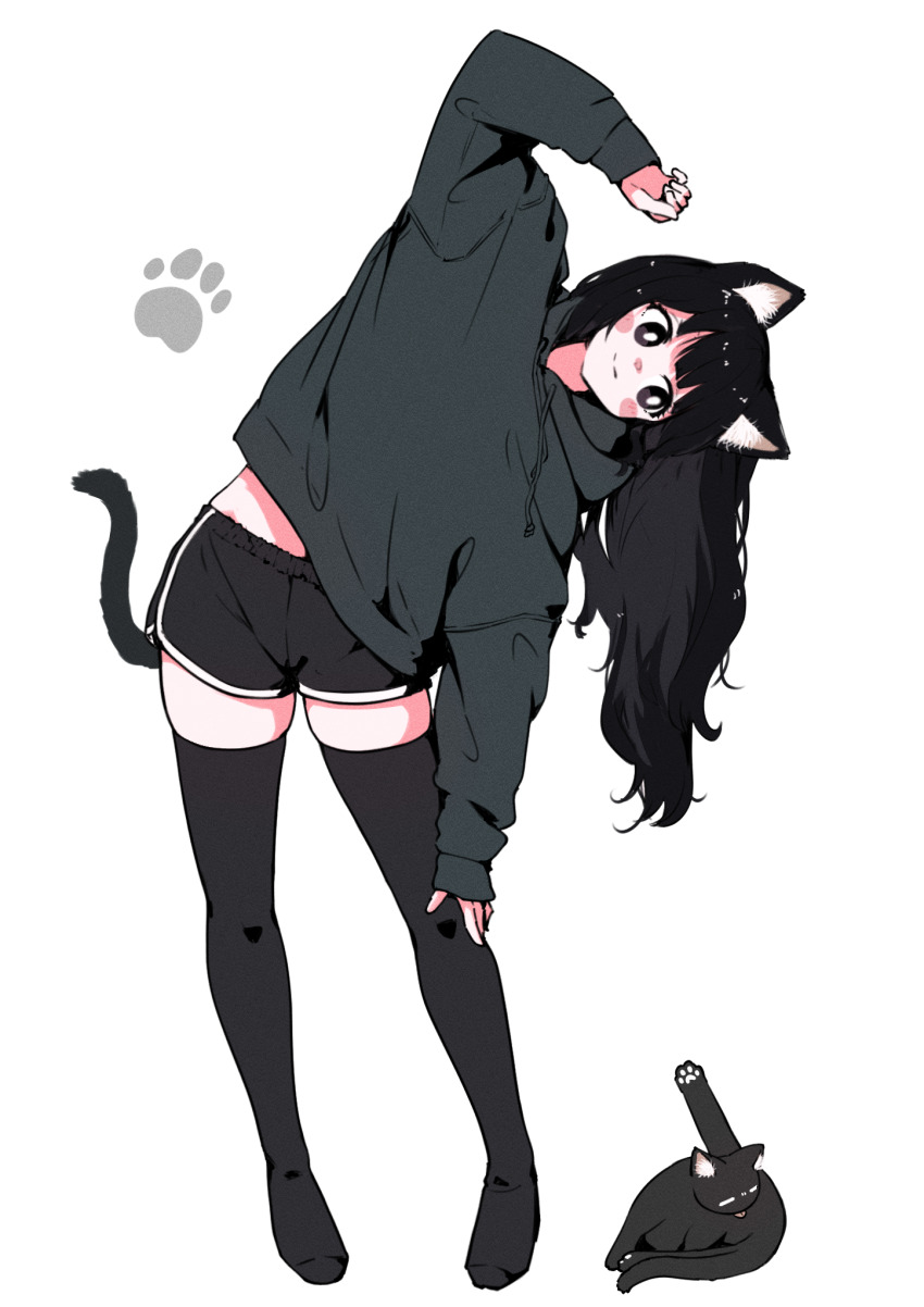1girl, ahoge, animal_ears, arm_up, black_cat, black_eyes, black_hair, black_hoodie