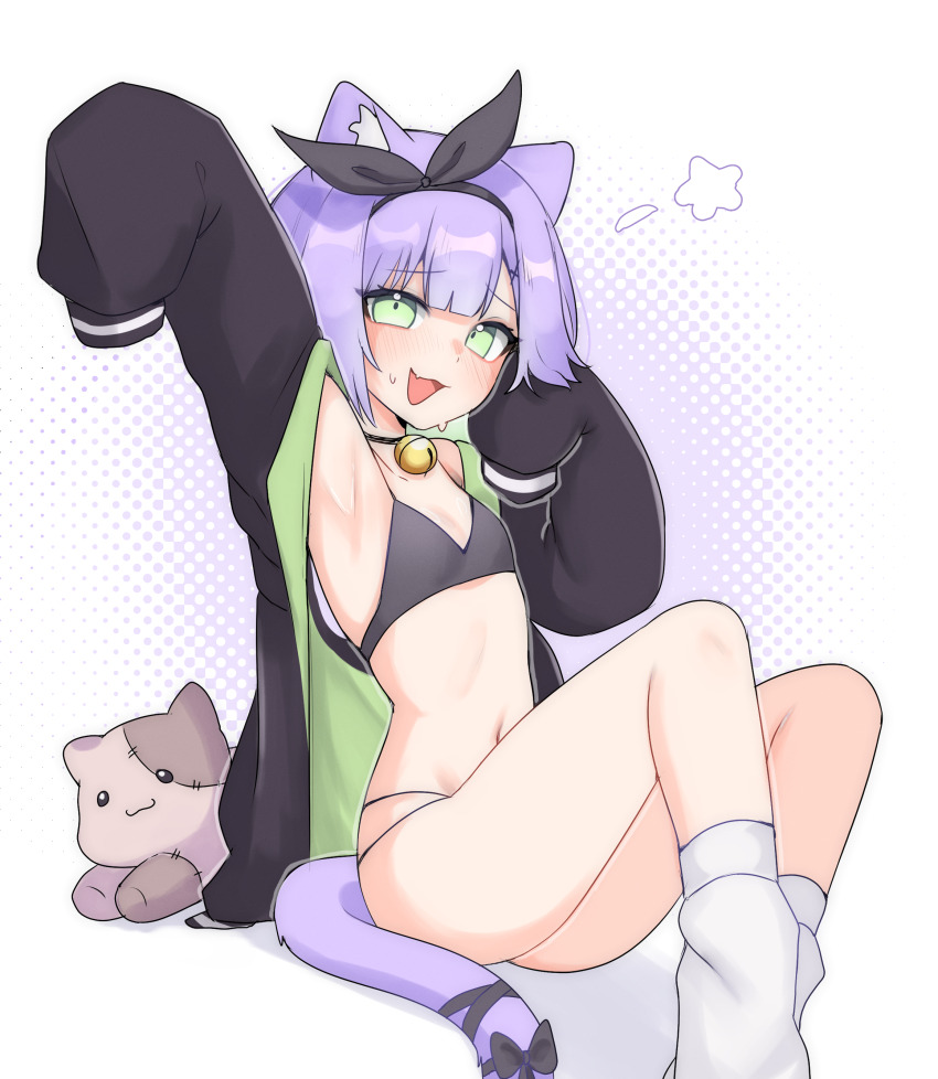 1girl, absurdres, animal_ears, bell, black_bra, black_hairband, black_jacket, black_panties