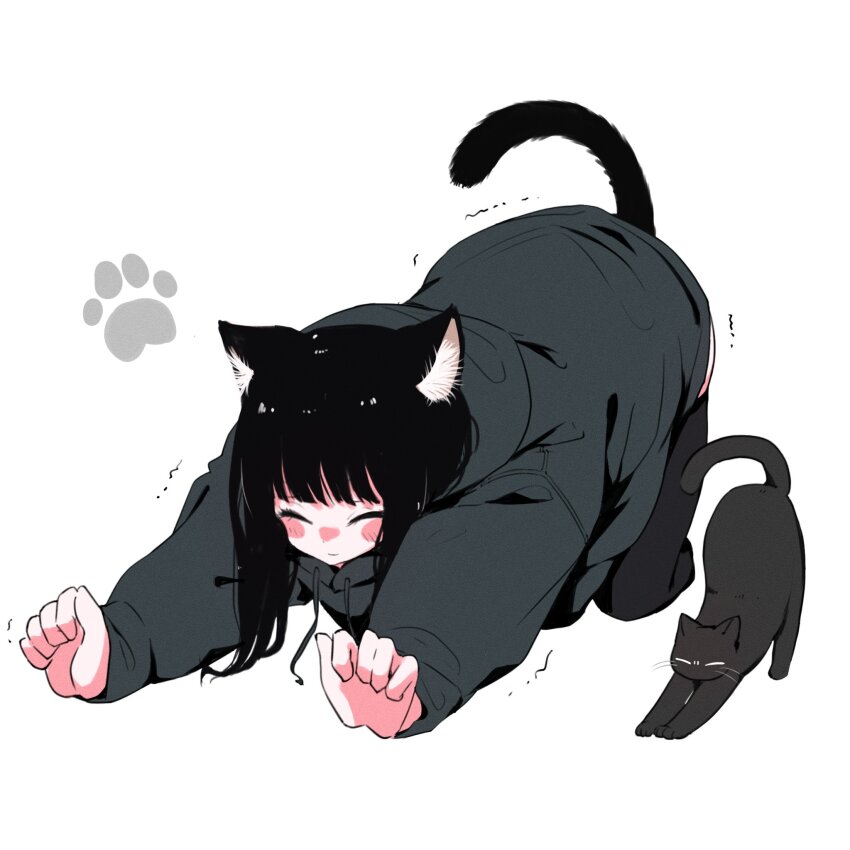 1girl, animal_ears, black_cat, black_hair, black_thighhighs, blunt_bangs, blush, cat