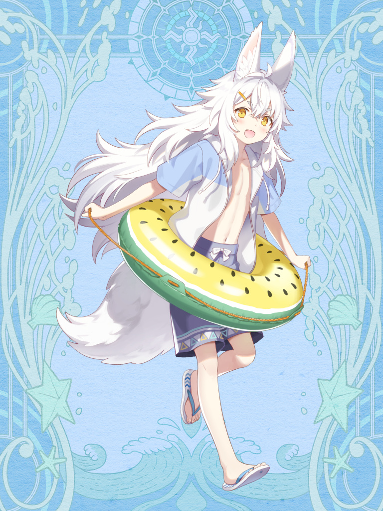 1boy, :d, animal_ears, blue_background, dairoku_ryouhei, full_body, hair_ornament, hairclip