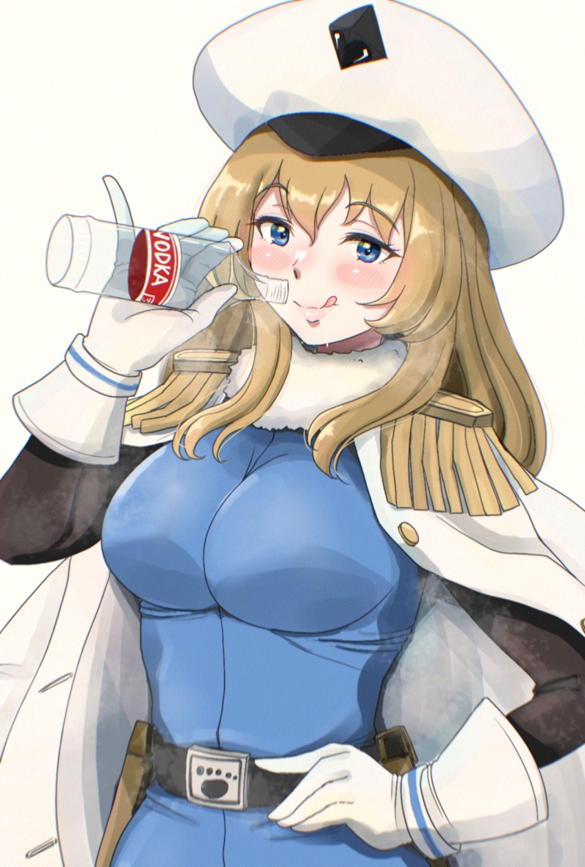 1girl, alcohol, andreanof_pepesha, blonde_hair, blue_dress, blue_eyes, blush, bottle