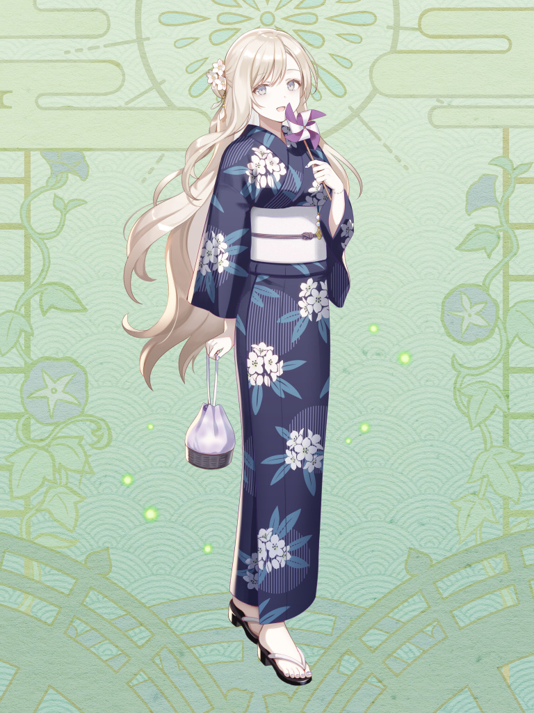 1girl, blonde_hair, blue_flower, dairoku_ryouhei, egasumi, floral_print, flower, full_body