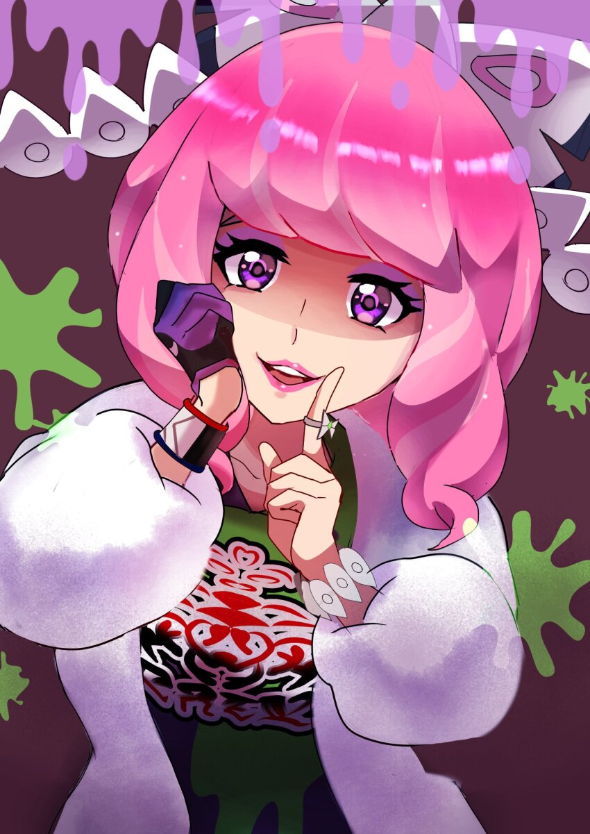 1girl, akisame_kanon, bracelet, coat, drill_hair, eyeshadow, fur_coat, fur_jacket