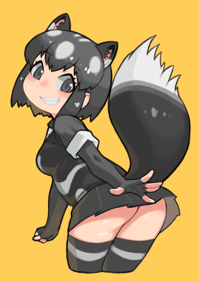 1girl, animal_ears, ass, black_hair, black_skirt, cropped_legs, elbow_gloves, extra_ears