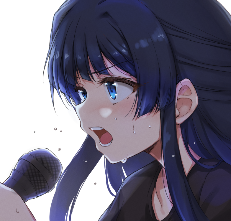 1girl, black_shirt, blue_eyes, blue_hair, blush, commentary_request, hand_up, holding