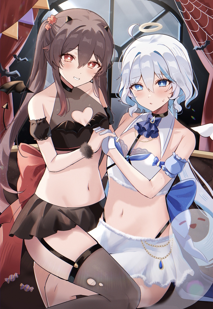 2girls, absurdres, alternate_costume, bare_shoulders, black_skirt, black_thighhighs, blue_eyes, blue_hair, blush, breasts, brown_hair, cleavage_cutout, clothing_cutout, commentary, curtains, flower-shaped_pupils, furina_(genshin_impact), genshin_impact, gloves, grin, halo, heterochromia, highres, holding_hands, horns, hu_tao_(genshin_impact), indoors, long_hair, looking_at_viewer, midriff, mismatched_pupils, multiple_girls, navel, red_eyes, revealing_clothes, rim_(ririm711), short_hair, skirt, small_breasts, smile, sweatdrop, symbol-shaped_pupils, thighhighs, twintails, white_gloves, white_hair, white_skirt, window