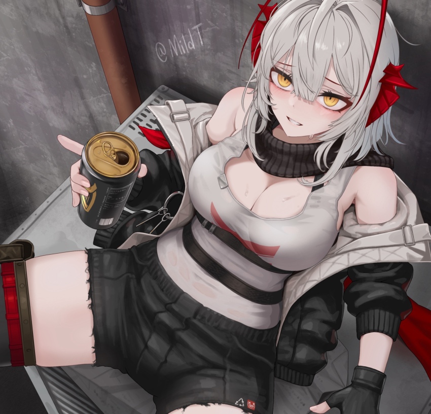 1girl, ahoge, alcohol, arknights, bare_shoulders, beer, beer_can, black_gloves