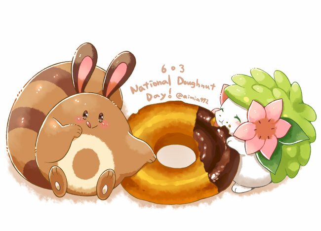 :q, :t, ^_^, aimi_(aimia492), artist_name, blush, brown_eyes, closed_eyes, closed_mouth, commentary_request, dated, donut, donut_day, eating, flower, food, food_on_face, full_body, gen_2_pokemon, gen_4_pokemon, legendary_pokemon, licking_lips, mythical_pokemon, nintendo, no_humans, pink_flower, pokemon, pokemon_(creature), sentret, shaymin, shaymin_(land), simple_background, smile, tongue, tongue_out, twitter_username, white_background