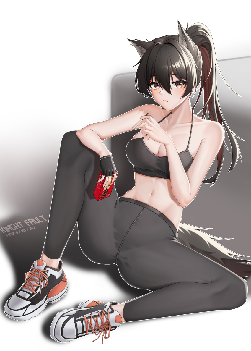 1girl, absurdres, animal_ears, arknights, bare_arms, bare_shoulders, black_gloves, black_hair