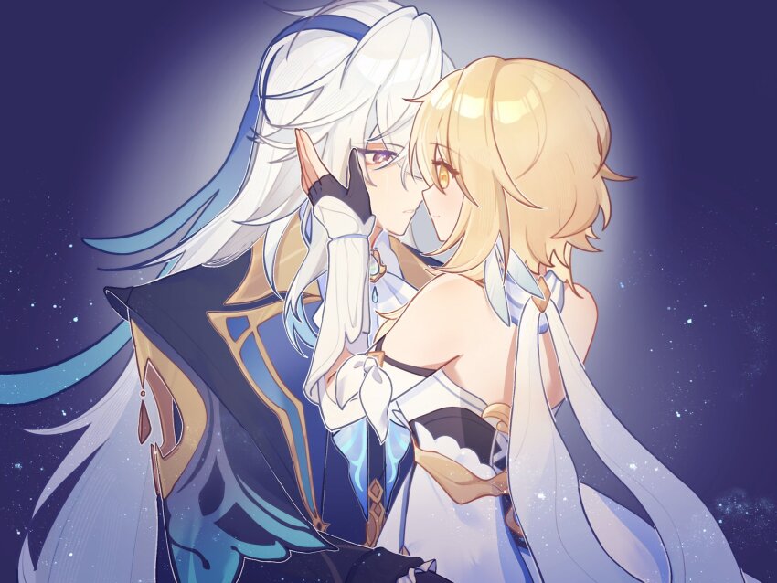 1boy, 1girl, bare_shoulders, blonde_hair, blue_hair, couple, dress, fingerless_gloves