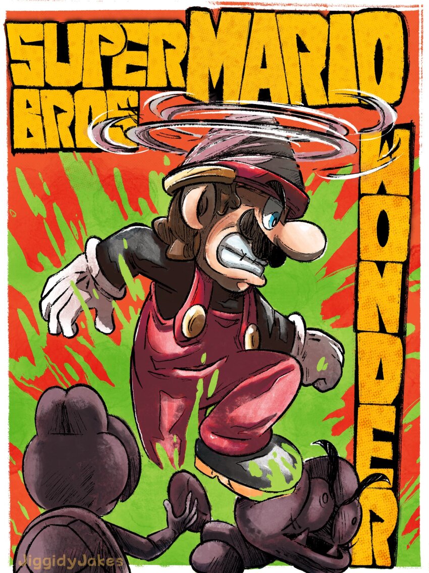 1boy, 2others, angry, blue_eyes, brown_hair, chainsaw_man, drill, drill_mario, english_text, facial_hair, gloves, goomba, hat, highres, jiggidyjakes, koopa_troopa, mario, mario_(series), multiple_others, mustache, nintendo, overalls, power-up, serious, super_mario_bros._wonder, title