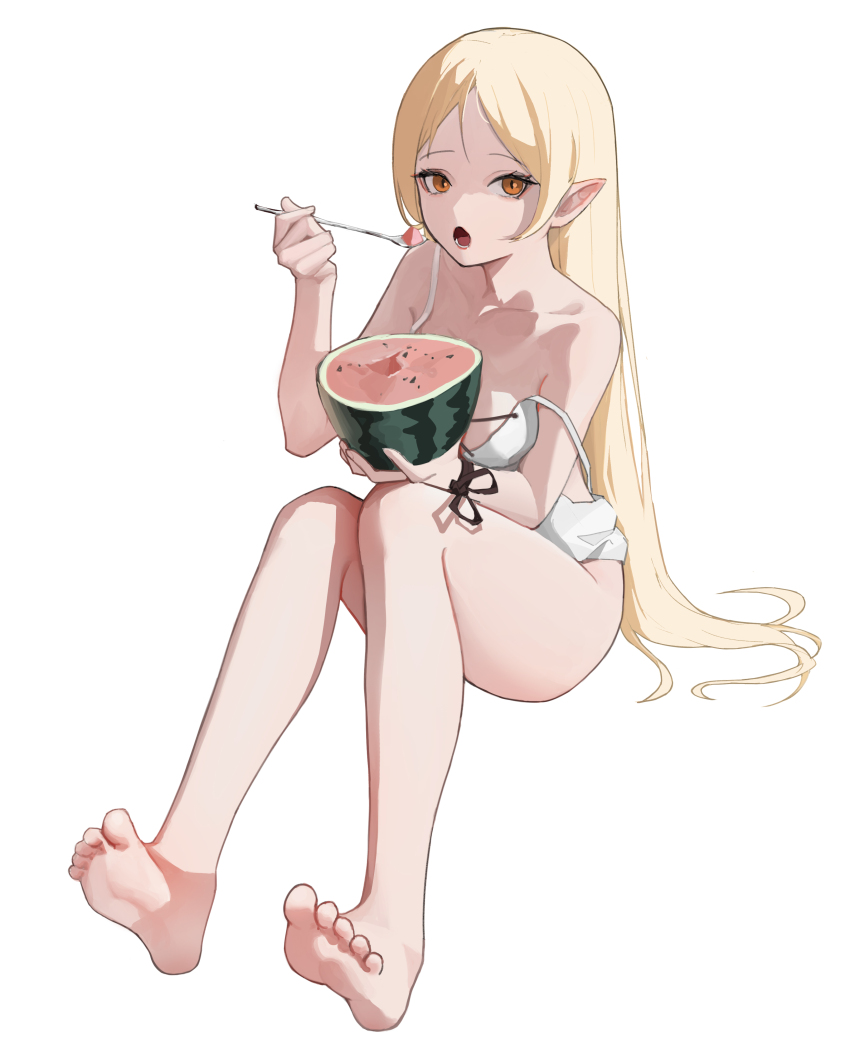 1girl, absurdres, bare_arms, bare_legs, bare_shoulders, barefoot, blonde_hair, breasts