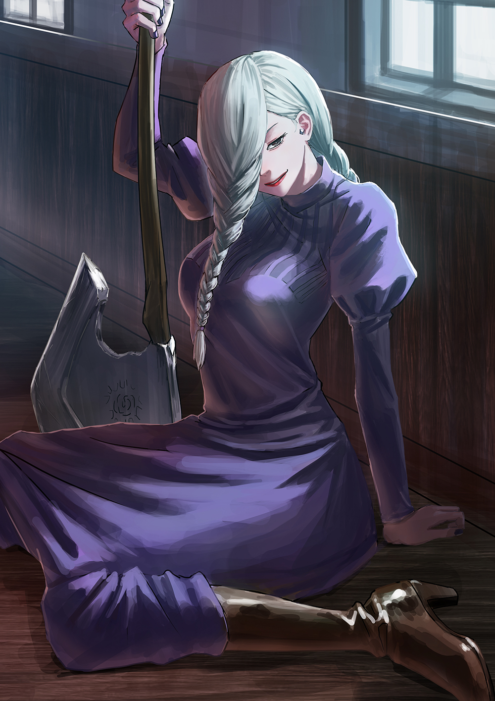 1girl, axe, boots, braid, braided_bangs, braided_ponytail, brown_boots, dress, grey_eyes, grey_hair, hair_over_one_eye, highres, holding, holding_axe, indoors, jujutsu_kaisen, juliet_sleeves, long_hair, long_sleeves, looking_at_viewer, mei_mei_(jujutsu_kaisen), menka_(menka_wata), puffy_sleeves, purple_dress, red_lips, solo, turtleneck, turtleneck_dress, window