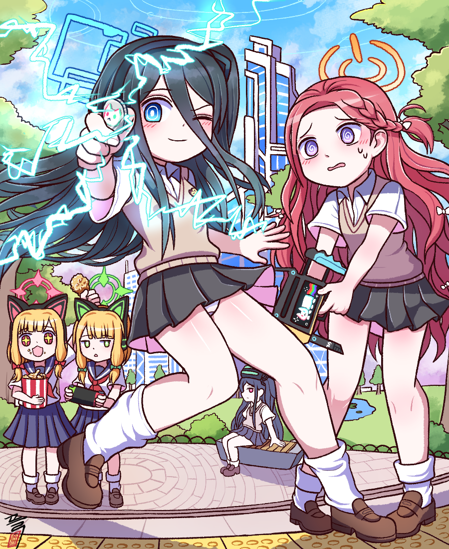 kei_(blue_archive), +_+, 5girls, @_@, aiming, aiming_at_viewer, animal_ear_headphones, animal_ears