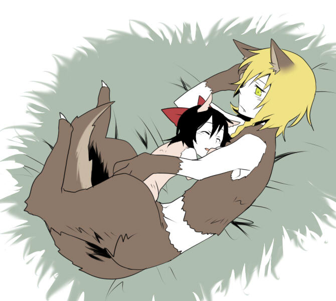 2girls, animal_ears, baby_animal, bad_id, bad_pixiv_id, big_bad_wolf, black_hair, blonde_hair