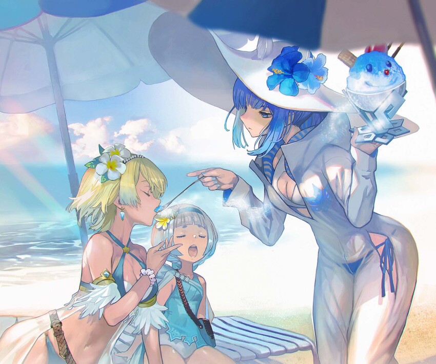 3girls, arm_support, armlet, armpit_crease, bag, beach, beach_umbrella, bikini, blonde_hair, blue_bikini, blue_eyes, blue_flower, blue_gem, blue_hair, blue_one-piece_swimsuit, blunt_bangs, blurry, blurry_background, bob_cut, breasts, chair, cleavage, closed_eyes, cloud, collarbone, colored_tips, commentary_request, covered_navel, earrings, eyebrows_hidden_by_hair, feathers, feeding, fire_emblem, fire_emblem_heroes, fjorm_(fire_emblem), fjorm_(summer)_(fire_emblem), flat_chest, flower, flower_request, food, food_with_face, gem, hair_flower, hair_ornament, hairband, halterneck, handbag, highres, holding, holding_food, holding_ice_cream, holding_spoon, ice_cream, jewelry, large_hat, leaning_forward, lounge_chair, maeshima_shigeki, medium_breasts, multicolored_flower, multicolored_hair, multiple_girls, nail_polish, navel, nifl_(fire_emblem), nifl_(summer)_(fire_emblem), nintendo, ocean, official_alternate_costume, one-piece_swimsuit, open_mouth, sarong, see-through_clothes, short_hair_with_long_locks, sidelocks, spoon, string_bikini, swimsuit, thighs, umbrella, w_arms, white_flower, white_hair, white_headwear, wide_hips, wristband, ylgr_(fire_emblem), ylgr_(summer)_(fire_emblem)