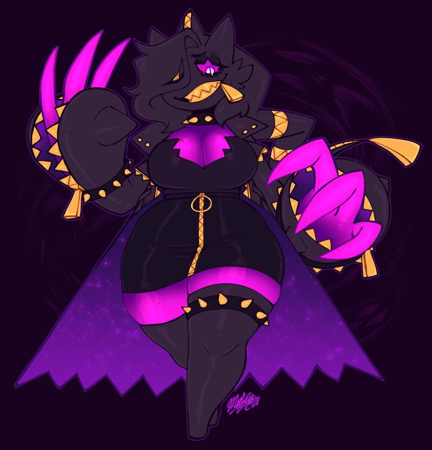 1girl, absurdres, alternate_costume, banette, black_background, black_hair, black_thighhighs, bracelet, breasts, cape, claws, colored_skin, fangs, full_body, gen_3_pokemon, gold, highres, jacket, jewelry, large_breasts, long_hair, looking_down, mega_banette, mega_pokemon, nintendo, one_eye_covered, pink_eyes, pink_skin, pokemon, skirt, smile, spiked_bracelet, spikes, thighhighs, thighs, toxicsoul77, zipper