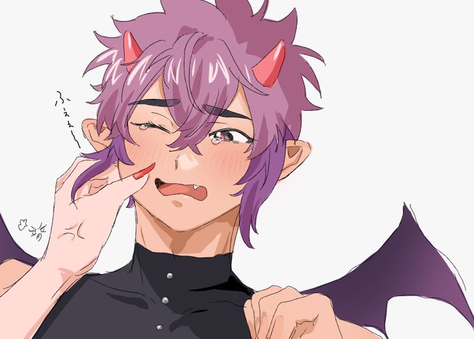 2boys, 41301nohi, anger_vein, aster_(nu_carnival), black_eyes, blush, demon, demon_boy