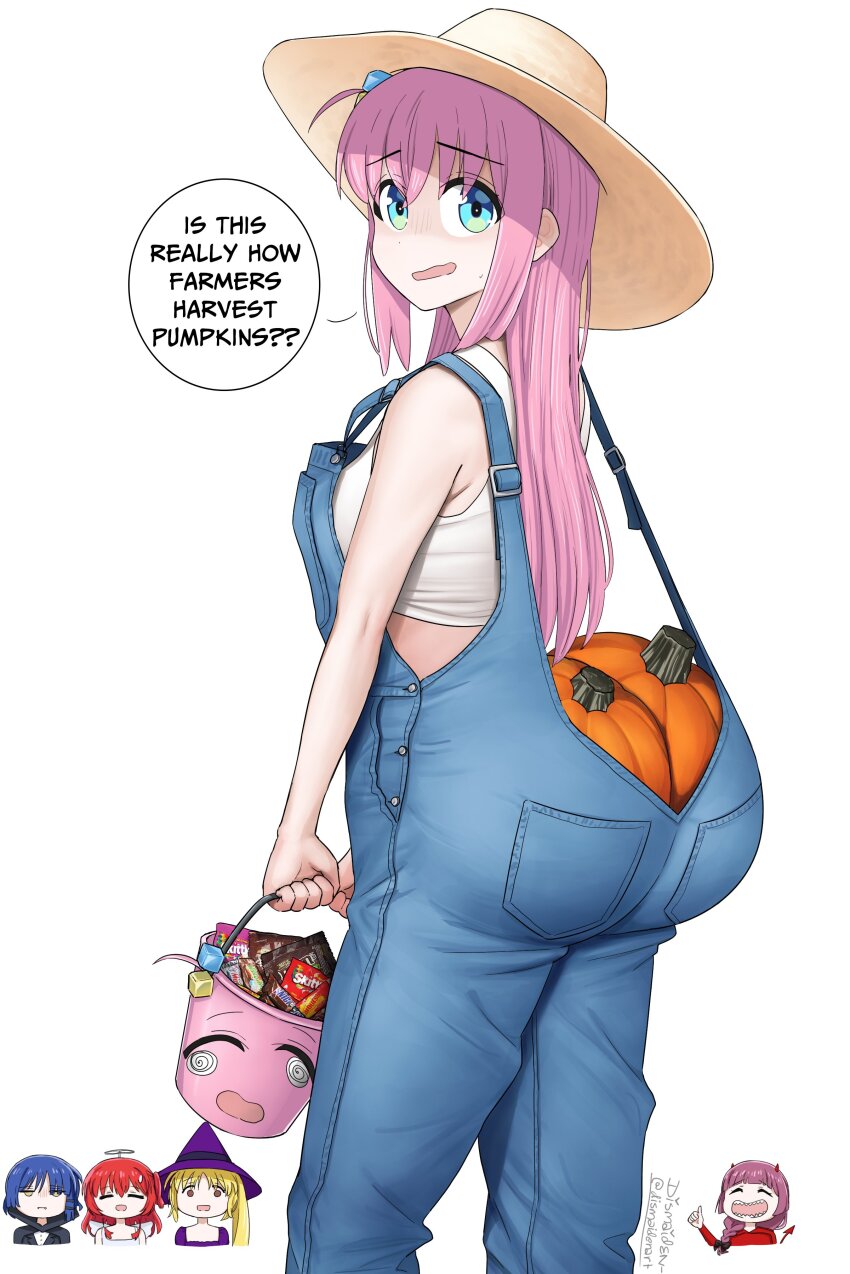 5girls, absurdres, ass, blonde_hair, blue_eyes, blue_hair, blue_overalls, bocchi_the_rock!, candy, commentary, cube_hair_ornament, dismaiden, english_commentary, english_text, food, gotoh_hitori, hair_ornament, halloween_bucket, halloween_costume, hat, highres, hiroi_kikuri, holding, ijichi_nijika, kita_ikuyo, long_hair, looking_at_viewer, looking_back, multiple_girls, open_mouth, overalls, pink_hair, pumpkin, purple_hair, red_hair, shirt, simple_background, skittles, sleeveless, sleeveless_shirt, snickers_(brand), speech_bubble, sun_hat, white_background, white_shirt, witch_hat, wrapped_candy, yamada_ryo