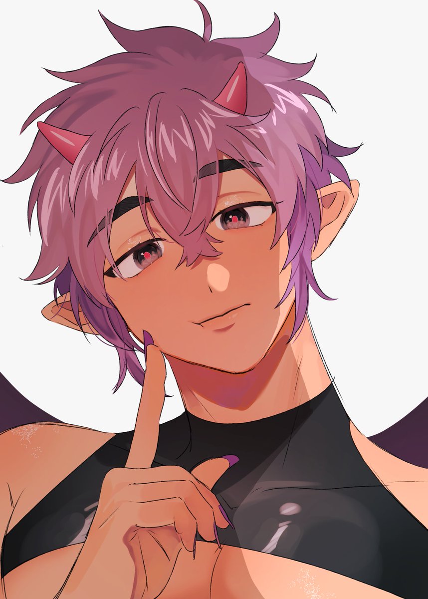 1boy, 41301nohi, black_eyes, demon, demon_boy, demon_horns, demon_wings, finger_to_cheek