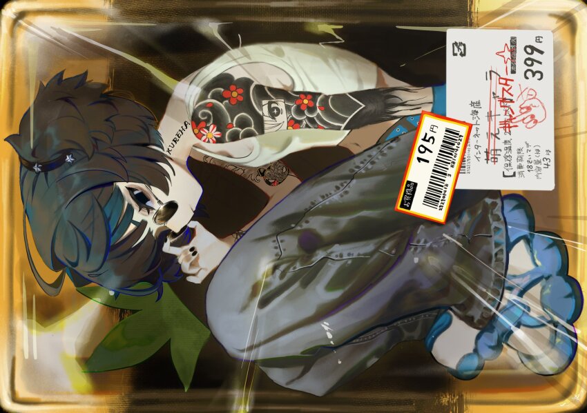 1girl, adjusting_eyewear, artist_name, bags_under_eyes, barcode, black_eyes, black_hair, black_nails