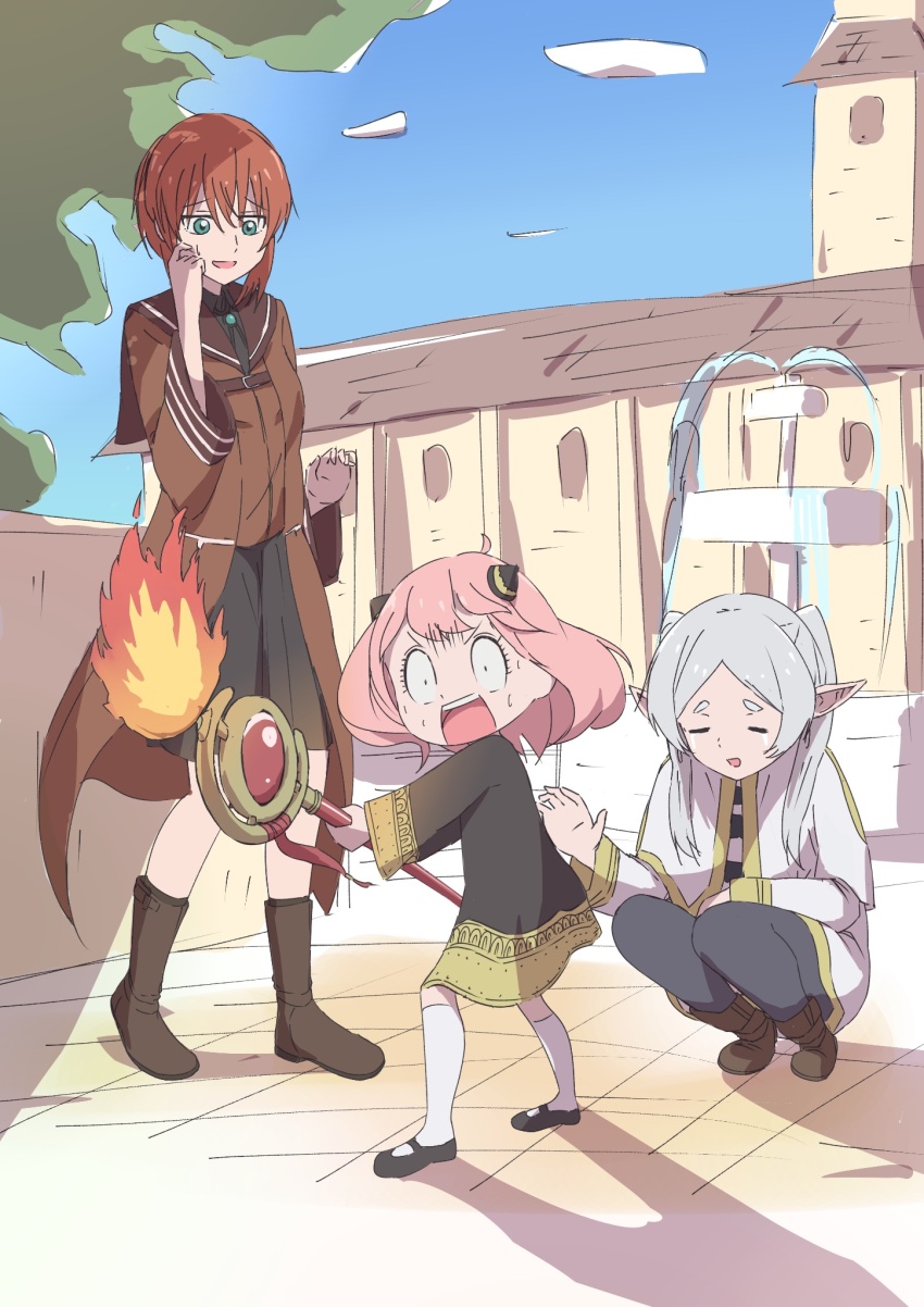 3girls, :d, anya_(spy_x_family), black_dress, black_footwear, black_pantyhose, blue_sky, boots