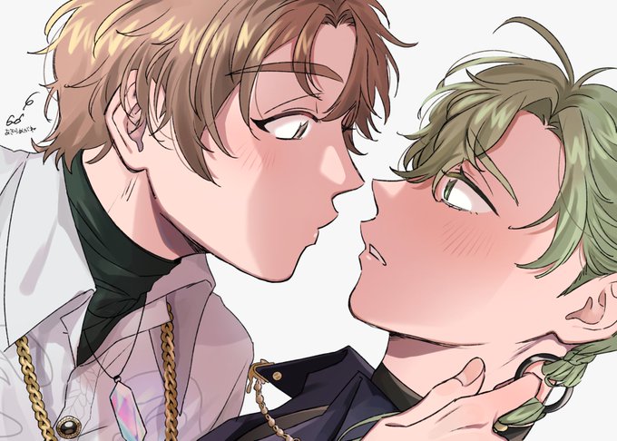 2boys, 41301nohi, imminent_kiss, blush, brown_eyes, brown_hair, chain, eiden_(nu_carnival)