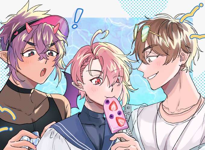 !, 3boys, 41301nohi, ahoge, aster_(nu_carnival), black_eyes, brown_eyes, brown_hair