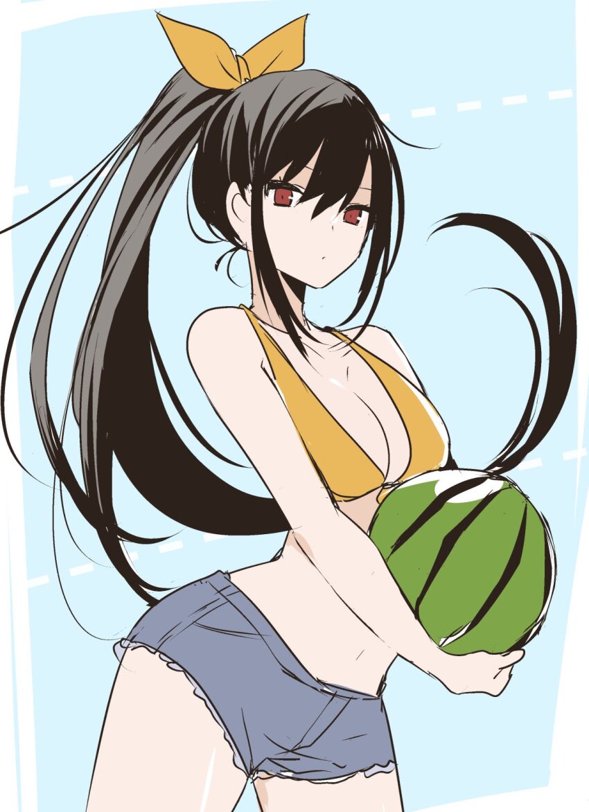 1girl, arched_back, bare_arms, bare_shoulders, belly, bikini, black_hair, blue_background, breasts, claire_kagenou, cleavage, denim, denim_shorts, food, front-tie_bikini_top, front-tie_top, fruit, hair_between_eyes, hair_ribbon, high_ponytail, highres, holding, kage_no_jitsuryokusha_ni_naritakute!, long_hair, navel, ponytail, red_eyes, ribbon, sakano_anri, shorts, sideboob, sidelocks, simple_background, solo, standing, stomach, swept_bangs, swimsuit, thighs, watermelon, yellow_bikini, yellow_ribbon