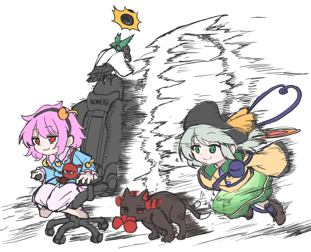 2girls, adapted_costume, animal_ears, bad_tag, bags_under_eyes, barefoot, bird, black_fur, black_headwear, blue_shirt, boots, brown_footwear, buttons, cape, capelet, cat, cat_ears, cat_tail, chair, claws, collar, collared_shirt, crow, dashing, diamond_(shape), diamond_button, feathered_wings, feathers, frilled_shirt, frilled_shirt_collar, frills, fur_ribbon, green_collar, green_eyes, green_hair, green_ribbon, green_skirt, hair_between_eyes, hair_ornament, hairband, hat, hat_ornament, hat_ribbon, heart, heart_button, heart_hair_ornament, kaenbyou_rin, kaenbyou_rin_(cat), komeiji_koishi, komeiji_satori, long_hair, long_skirt, looking_at_another, medium_hair, multicolored_clothes, multicolored_shirt, multiple_girls, multiple_tails, mundane_made_awesome, pink_collar, pink_hair, pink_skirt, red_eyes, red_ribbon, reiuji_utsuho, reiuji_utsuho_(bird), ribbon, shinmon_akika, shirt, siblings, simple_background, sisters, sitting, skirt, slippers, smile, swivel_chair, tail, third_eye, torn_ribbon, touhou, two_tails, white_background, white_capelet, wide_sleeves, wings, yellow_ribbon, yellow_shirt