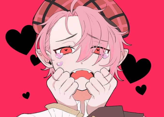 1boy, 41301nohi, aster_(nu_carnival), eye_visible_through_hair, fangs, hair_over_one_eye, hat, heart