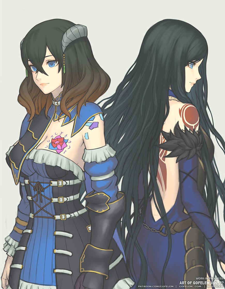 2girls, asymmetrical_sleeves, back_tattoo, backless_outfit, bare_back, bare_shoulders, black_hair, bloodstained:_ritual_of_the_night