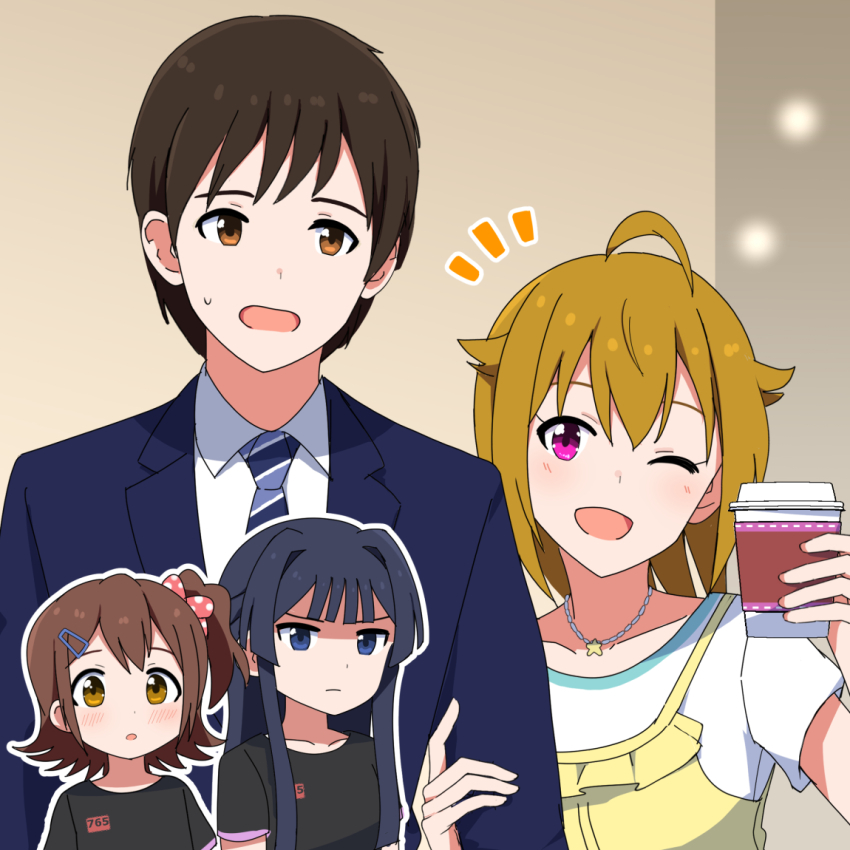 1girl, 3girls, :o, ahoge, black_hair, black_shirt, blonde_hair, blue_eyes, blue_jacket, brown_background, brown_eyes, brown_hair, business_suit, commentary, cup, dot_nose, dress, formal_clothes, hair_between_eyes, hair_flaps, hair_ornament, hairclip, holding, holding_cup, ibuki_tsubasa, idolmaster, idolmaster_million_live!, idolmaster_million_live!_(anime), jacket, jewelry, kasuga_mirai, long_hair, long_sleeves, looking_at_viewer, medium_hair, mogami_shizuka, multiple_girls, necklace, necktie, notice_lines, one_eye_closed, open_mouth, pink_eyes, producer_(idolmaster_million_live!_anime), serious, shirt, short_hair, short_sleeves, side_ponytail, sidelocks, smile, star_(symbol), star_necklace, striped_clothes, striped_necktie, suit, sweat, trinitro_(nitro_koubou), upper_body, v-shaped_eyebrows, white_shirt, yellow_dress, yellow_eyes