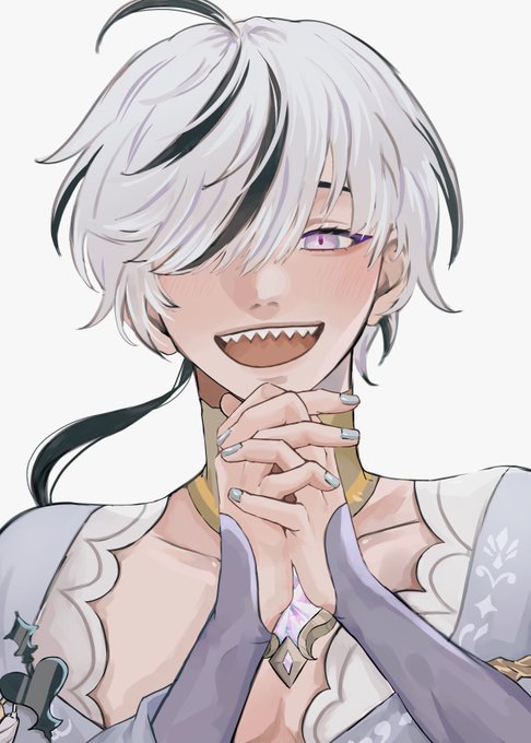 1boy, 41301nohi, ahoge, black_hair, blade_(nu_carnival), chest_jewel, happy, looking_at_viewer