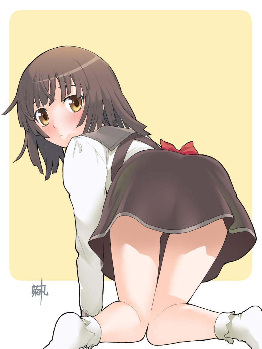 1girl, :<, all_fours, ankle_socks, artist_name, ass, blush, border