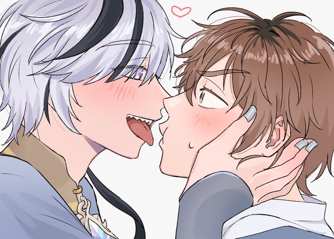 2boys, 41301nohi, black_hair, blade_(nu_carnival), blush, brown_eyes, brown_hair, eiden_(nu_carnival), face-to-face, hand_on_another's_face, heart, male_focus, multicolored_hair, multiple_boys, nail_polish, nu_carnival, open_mouth, puffy_cheeks, purple_eyes, sharp_teeth, short_hair, smile, sweatdrop, teeth, tongue, tongue_out, upper_body, upper_teeth_only, white_background, white_hair, yaoi