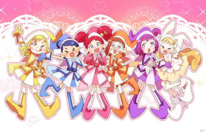 >_<, 6+girls, ahoge, arm_up, asuka_momoko, blue_dress, blue_footwear, blue_gloves