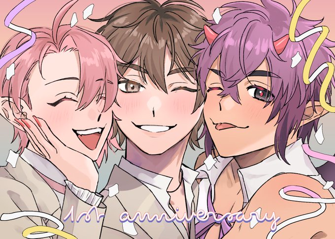 3boys, 41301nohi, ahoge, anniversary, aster_(nu_carnival), black_eyes, brown_eyes, brown_hair, closed_eyes, confetti, demon, demon_boy, demon_horns, eiden_(nu_carnival), hair_between_eyes, horns, light_blush, looking_at_viewer, male_focus, morvay_(nu_carnival), multiple_boys, nu_carnival, one_eye_closed, open_mouth, pink_hair, pointy_ears, purple_hair, short_hair, sidelocks, sleeveless, smile, teeth, tongue, tongue_out, upper_body, vampire