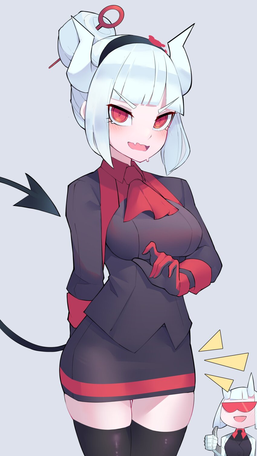 2girls, absurdres, ascot, black_skirt, black_thighhighs, blush, breasts, commentary