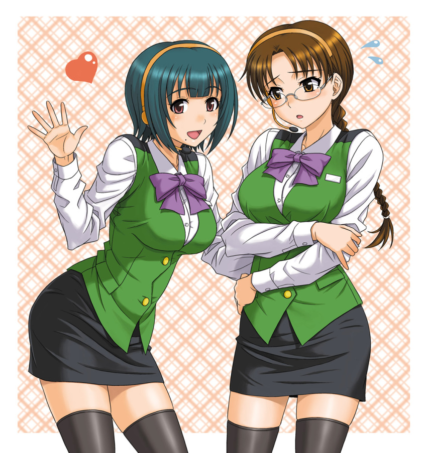 2girls, black_thighhighs, blush, braid, breasts, brown_eyes, brown_hair, bulge