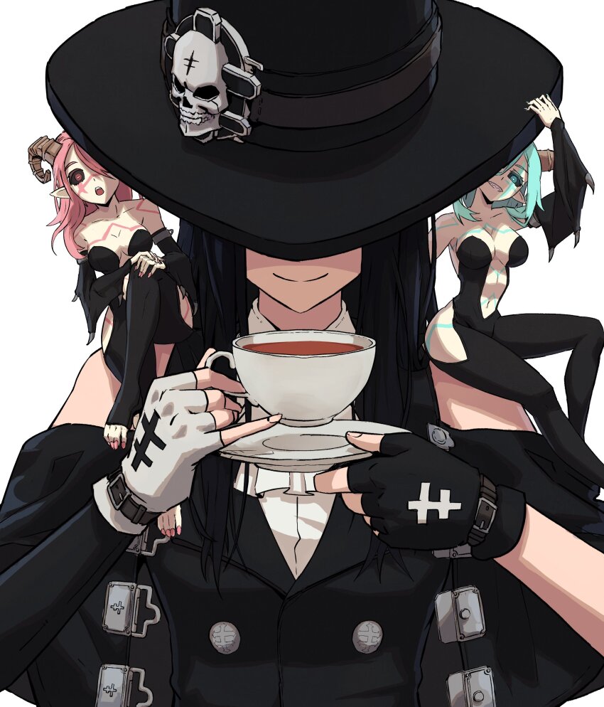 1other, 2girls, absurdres, androgynous, aqua_eyes, aqua_hair, ascot, asymmetrical_gloves