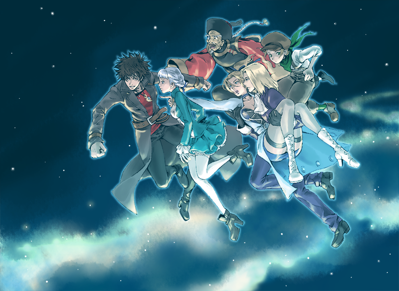 2girls, 4boys, alice_elliot, blonde_hair, breasts, commentary, dress, gloves